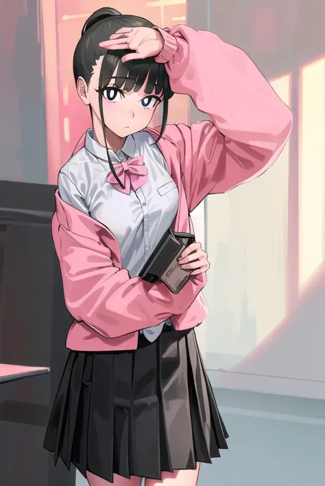 yorumacgirlfriend, <lyco:yoru mac girlfriend-lyco-nochekaiser:1>,
yoru mac girlfriend, bangs, black hair, ponytail, sidelocks, (black eyes:1.2), (bright pupils:1.5),
jacket, (pink jacket:1.5), skirt, shirt, bow, school uniform, white shirt, pleated skirt, bowtie, black skirt, black footwear, kneehighs,
BREAK indoors, restaurant,
BREAK looking at viewer, (cowboy shot:1.5),
BREAK <lyco:GoodHands-beta2:1>, (masterpiece:1.2), best quality, high resolution, unity 8k wallpaper, (illustration:0.8), (beautiful detailed eyes:1.6), extremely detailed face, perfect lighting, extremely detailed CG, (perfect hands, perfect anatomy),