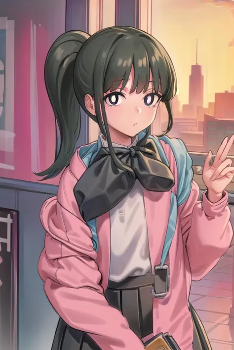 yorumacgirlfriend, <lyco:yoru mac girlfriend-lyco-nochekaiser:1>,
yoru mac girlfriend, bangs, black hair, ponytail, sidelocks, (black eyes:1.2), (bright pupils:1.5),
jacket, (pink jacket:1.5), skirt, shirt, bow, school uniform, white shirt, pleated skirt, bowtie, black skirt, black footwear, kneehighs,
BREAK indoors, restaurant,
BREAK looking at viewer, (cowboy shot:1.5),
BREAK <lyco:GoodHands-beta2:1>, (masterpiece:1.2), best quality, high resolution, unity 8k wallpaper, (illustration:0.8), (beautiful detailed eyes:1.6), extremely detailed face, perfect lighting, extremely detailed CG, (perfect hands, perfect anatomy),