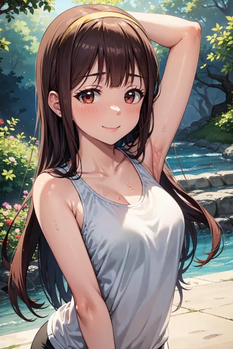 Highest quality、Masterpiece、(gymnastics arena)、(Nitta Minami、Long Hair、Mid-chest、Brown Hair、Brown eyes、Glossy Lips、Glowing Skin、Realistic skin texture、White leotard、Stretch out your arms)、Look at me、love me、blush、Laughing with your mouth open)、(Bust Shot、Very close)