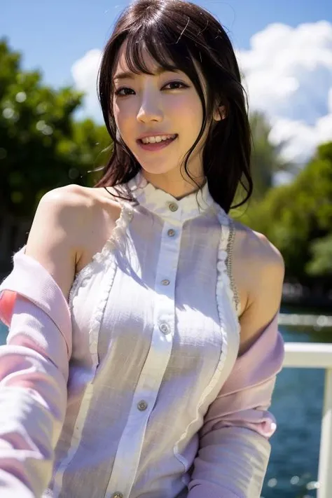 bbest quality, ultra high res, (photorealistic:1.4), 1girl, oversized jacket, white shirt, on Observation Wheel, bare shoulders, cute, (Jpop idol), (aegyo sal:1), (brown hair:1), ((puffy eyes)), looking at viewer, facing front, smiling, laughing,  <lora:Kaede Karen_02:1>