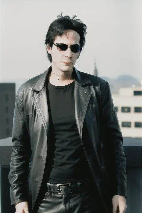 1man, black glasses, long leather coat, leather pants, black sleeveless shirt, holding a pistol in both hands, <lora:90sKeanuReevesLora_v10:1>, Kreeves, on the top of a building with a heliport, clear day