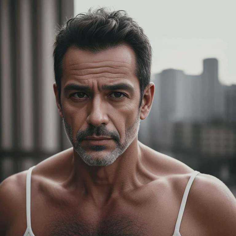 masterpiece portrait photo of a brutal 45 year old spanish man, wastelander outfit, slim body, city ruins, (high detailed skin:1.2), 8k uhd, dslr, cinemac lighting, high quality, film grain, Fujifilm XT3 <lora:dollface:1>