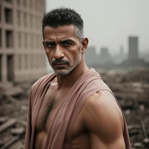 masterpiece portrait photo of a brutal 45 year old arabian man, wastelander outfit, slim body, city ruins, (high detailed skin:1.2), 8k uhd, dslr, cinemac lighting, high quality, film grain, Fujifilm XT3 <lora:dollface:1>
