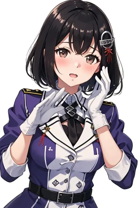 best quality, masterpiece, highres, solo, {haguro_kantaicollection:1.15}, black_hair, short_hair, hair_ornament, brown_eyes, blush, open_mouth, breasts, 1girl, looking_at_viewer, military, military_uniform, simple_background, uniform, upper_body, white_background, purple_jacket, jacket, gloves, white_gloves