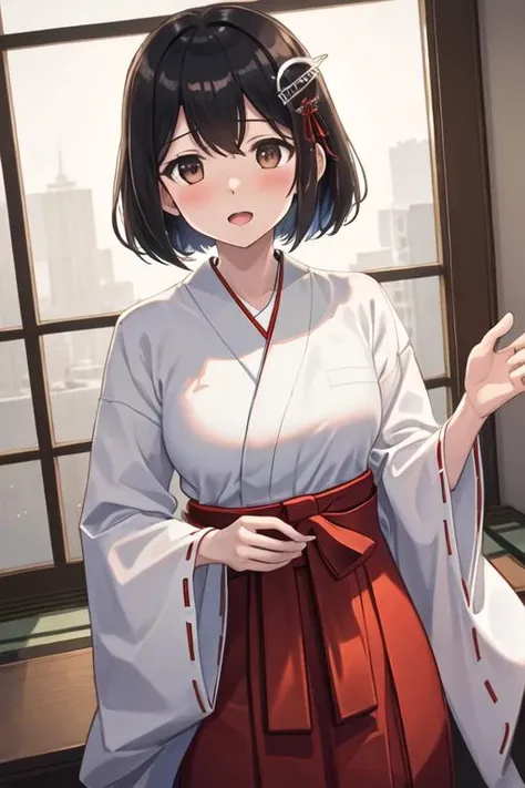 best quality, masterpiece, highres, solo, {white kimono:1.35}, {red hakama:1.35}, {wide sleeves:1.20}, {haguro_kantaicollection:1.15}, black_hair, short_hair, hair_ornament, brown_eyes, blush, open_mouth, breasts