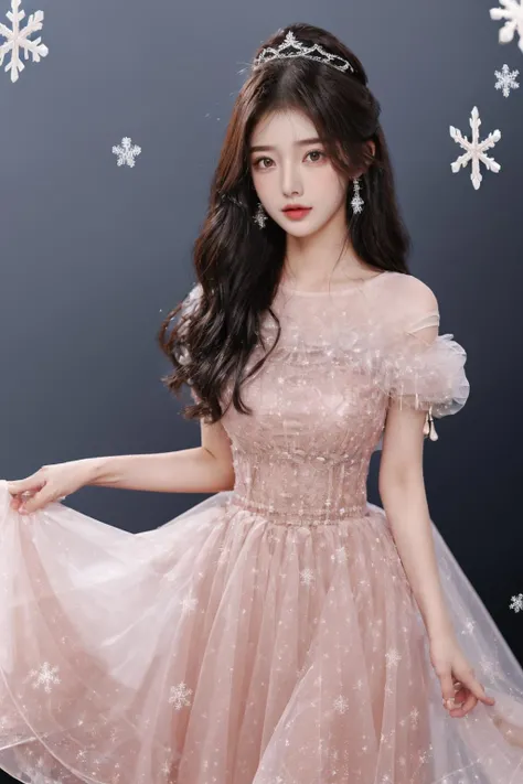 (best quality),[masterpiece],((beautiful:0.75) cute girl:0.75),knees up,standing,looking at viewer,(snowflake background:1.3),narrow waist,wide hips,, black hair, close-up, 
<lora:add_detail:0.6>
<lora:evening dress S11:0.75> dress