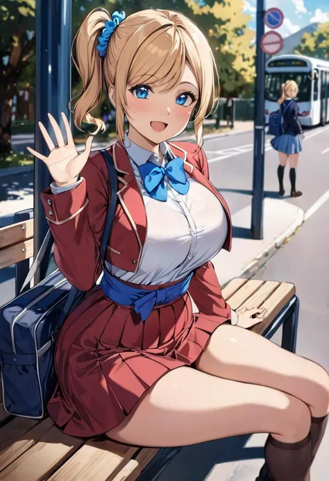 <lora:[Style][èªå¶]alp_xl_test-lora-128:1>,alp,Best Quality,Masterpiece,absurdres,(depth of field:1.3),beautiful pretty cute small face,1girl,shiny_skin,perfect body,;d,waving,big breasts,blonde hair,blue eyes,Side ponytail,hair scrunchie,hair ornament,blue scrunchie,Swept bangs,school uniform,blue bowtie,(blue sash:1.5),(red cropped jacket:1.1),red skirt,White blouses,long sleeves,school_bag,sitting,bench,bus stop,