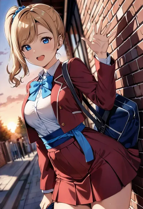 <lora:[Style][èªå¶]alp_xl_test-lora-128:1>,alp,Best Quality,Masterpiece,absurdres,(depth of field:1.3),beautiful pretty cute small face,1girl,shiny_skin,perfect body,;d,big breasts,blonde hair,blue eyes,Side ponytail,hair scrunchie,hair ornament,blue scrunchie,Swept bangs,school uniform,blue bowtie,(blue sash:1.5),(red cropped jacket:1.1),red skirt,White blouses,long sleeves,school_bag,sidewalk,leaning on the brick wall,against backlight at dusk,cinematic_angle,full_shot,from_side,looking_at_viewer,waving,
