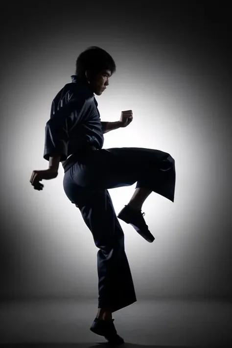 edblstyle, man performing a jump kick, highly detailed, black background, in motion, dramatic light,
<lora:Enter_Dragon_v2:0.8>