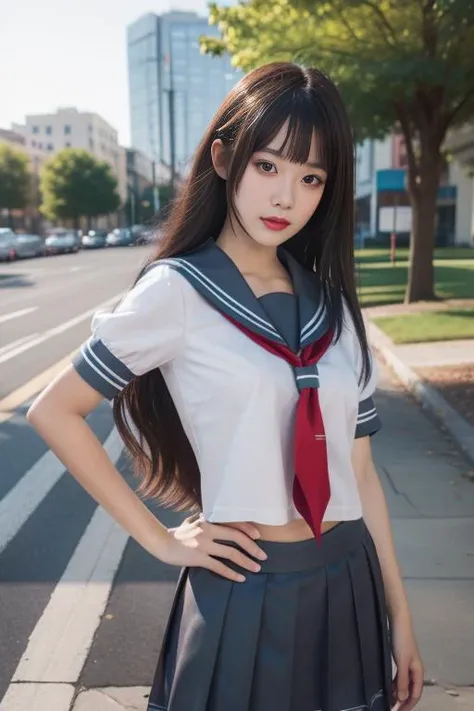 top-quality、超A high resolution、(Photorealsitic:1.4)、cosplay foto （1 japanese girl）、hi-school girl、Idol、 ((poneyTail))、Black Hair Ribbon、Floating hair big eyes、Light smile、 Sailor Uniform School Uniform、Black skirt、pleatedskirt、((Sailor collar))、White shirt、shortsleeves、Black tie、Floating skirt、Black Thigh High Socks、 City Background、sunlights、the wind、