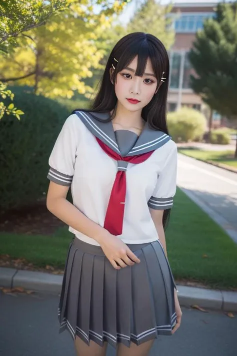 ltra-detailed,highly detailed,best quality,masterpiece,illustration,realistic,photorealistic,
llas, cosplay, 1girl, solo,
school uniform, serafuku, sailor collar, short sleeves, necktie, tie clip, pleated skirt,
looking at viewer,
<lora:llas_v1_05:0.7>