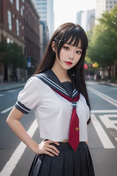 ltra-detailed,highly detailed,best quality,masterpiece,illustration,realistic,photorealistic,
llas, cosplay, 1girl, solo,
school uniform, serafuku, sailor collar, short sleeves, necktie, tie clip, pleated skirt,
looking at viewer,
<lora:llas_v1_05:0.7>