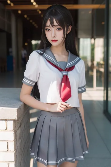 ltra-detailed,highly detailed,best quality,masterpiece,illustration,realistic,photorealistic,
llas, cosplay, 1girl, solo,
school uniform, serafuku, sailor collar, short sleeves, necktie, tie clip, pleated skirt,
looking at viewer,
<lora:llas_v1_05:0.7>