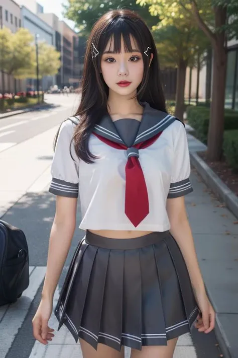 ltra-detailed,highly detailed,best quality,masterpiece,illustration,realistic,photorealistic,
llas, cosplay, 1girl, solo,
school uniform, serafuku, sailor collar, short sleeves, necktie, tie clip, pleated skirt,
looking at viewer,
<lora:llas_v1_05:0.7>