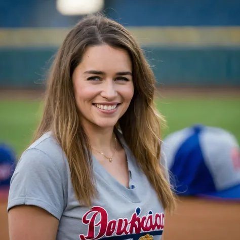 professional portrait photography of a beautiful ((ohwx woman)) <lora:emilia_lora_sdxl_v1-000008:1> at college baseball diamond during Twilight, Nikon Z9