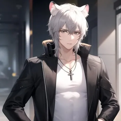((masterpiece)),(best quality),official art,extremely detailed CG,unity 8k wallpaper,ultra detailed,1boy,solo,upper body,(portrait:1.2),silverash (arknights),animal ears,black coat,black footwear,black gloves,black pants,coat on shoulders,hand on hip,jewelry,knee boots,leopard boy,leopard ears,leopard tail,necklace,short hair,white hair,white shirt,<lora:SilverAsh(ark)>,