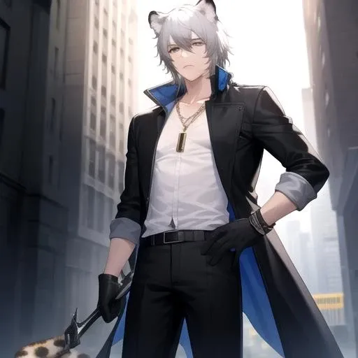 ((masterpiece)),(best quality),official art,extremely detailed CG,unity 8k wallpaper,ultra detailed,1boy,solo,cowboy shot,silverash (arknights),animal ears,black coat,black footwear,black gloves,black pants,coat on shoulders,hand on hip,jewelry,knee boots,leopard boy,leopard ears,leopard tail,necklace,short hair,white hair,white shirt,<lora:SilverAsh(ark)>,