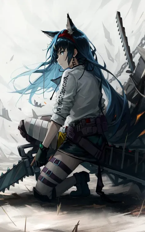 1girl, solo,cat ears, full body,chainsaw,