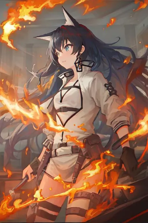 1girl, solo,cat ears, fire