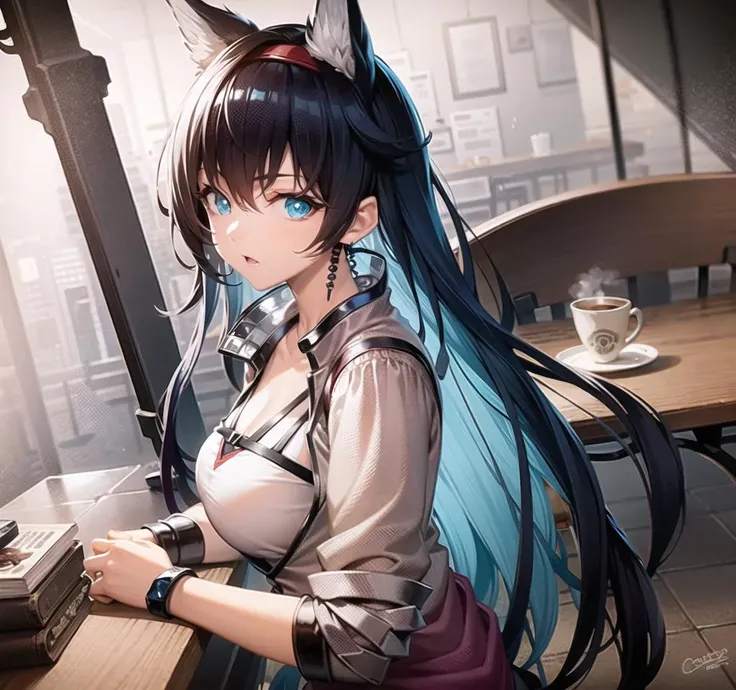 beautiful detailed illustration, amazing art, (((extremely detailed))), (best quality), atmosphere lighting, (in coffee shop), 1girl, energetic girl, cat girl, solo, from above, standing, tables, book, window, indoors, raining, cowboy shot, from back, blue hair, medium breasts, looking at viewer, (sleepy), ((extremely detailed)), <lora:arknightsBLAZE_v10:1.05>