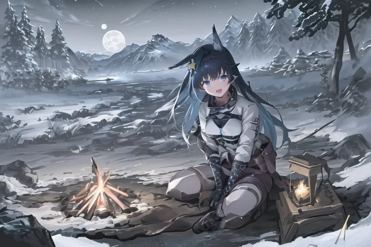 (ulzzang),ultra high res,((masterpiece, best quality)),(best lighting ,best shadows),(best illustration:1.4), (depth of field),outdoors,1girl,solo,sitting,looking at campfire,full body,cat ears,(a [+++beautifully detailed cute face+++]:1.6), (beautiful and detailed blue eyes:1.4),:d,chainsaw,(detailed background:1.4),(night,overlook,highland,mountaintop,open view,grass,gaze,horizon,[snowy] mountains,river,forest, (dark sky,star sky,stars,milkyway,moon:1.2),campfire, flowers,landscape,:1.3),waterfall,rainbow,