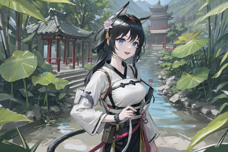 (ulzzang),ultra high res,((masterpiece, best quality)),(best light,best shadows),(best illustration:1.4), (depth of field),outdoors,lensflare ,(shiny,day,sunlight),summer,1 (mature:1.4) girl with (hanfu:1.3),(large breasts:1.2),chinese clothes,looking at viewer,cowboy shot,cat ears,(a [+++beautifully detailed cute face+++]:1.6), (beautiful and detailed blue eyes:1.4),:d,(very long black hair:1.2),(detailed background:1.4),(overlook,highland,open view,gaze,river,waterfall,mountailtop,bridges,forest, Chinese park,Chinese garden, rockery in pond, (pink lotus flowers),pavilion,Chinese palace, landscape,:1.3)