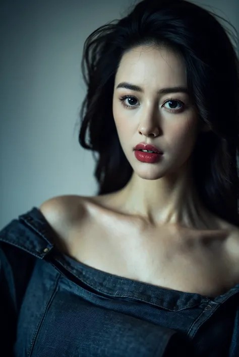 Closeup, A 20 yo woman, dark theme, soothing tones, muted colors, jacket, jeans, fashion, high contrast, (natural skin texture, hyperrealism, soft light, sharp), upper body, Negative, <lora:MoosMST4:1> <lora:MarieBerger-01:1>