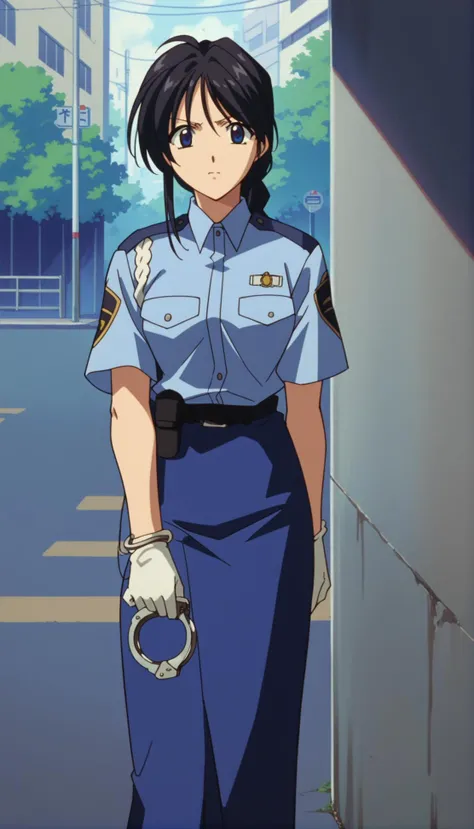 score_9,score_8_up,score_7_up,source_anime,1girl,solo,<lora:miyuki-natsumi--ponyxl:0.8>,kobayakawa miyuki,black hair,long hair,single braid,blue eyes,police uniform,long skirt,cowboy shot,white gloves,holding handcuffs,street,