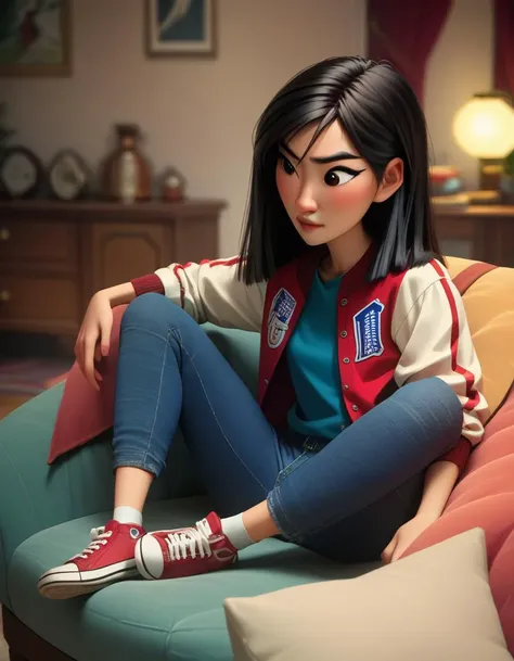 score_9, score_8_up, score_7_up, score_6_up, score_5_up, score_4_up
<lora:disney3d-ponyxl:0.85> mulan, black hair, letterman jacket, jeans, living room