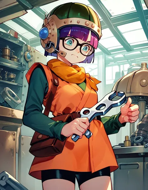 score_9, score_8_up, score_7_up, score_6_up, score_5_up, score_4_up
<lora:chrono-trigger-ponyxl-000027:1>
lucca, glasses, scarf, helmet, belt, orange shirt, green sleeves, short over long sleeves, bike shorts,
fixing, wrench, factory