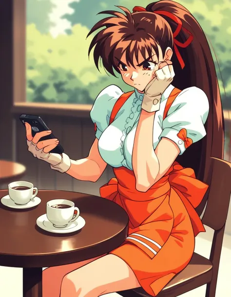 <lora:takeuchi-yuka-ponyxl-000130:1> takeuchi yuka, anna miller, waitress, orange skirt, medium breasts,
1girl, solo, sitting, thinking, smartphone, annoyed, cafe, score_9, score_8_up, score_7_up, score_6_up, score_5_up, score_4_up