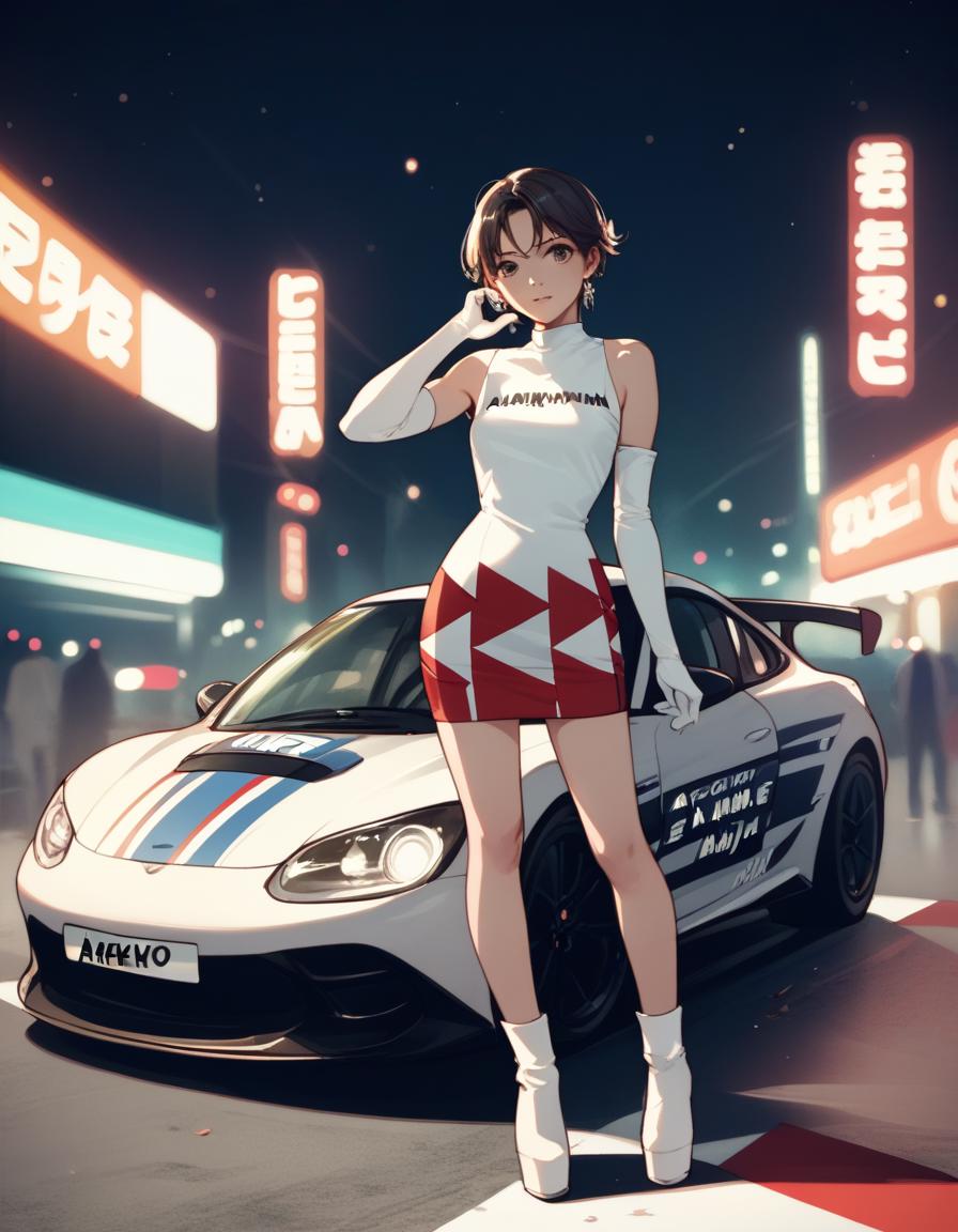 A woman in a short dress standing next to a car - SeaArt AI