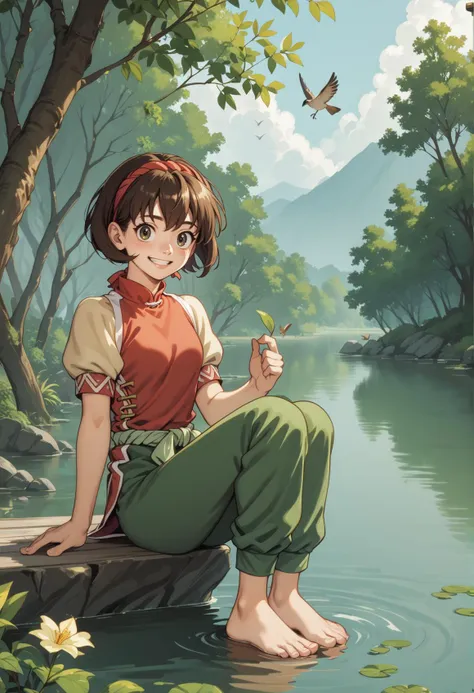 1girl, solo, short hair, brown hair, headband, chinese clothes, red shirt, short sleeves, yellow sleeves, green pants, sitting, bird on finger, barefoot, feet submerged, lake, light smile, full body, cowboy shot, outdoors, forest, anime screencap <lora:Nanami_XL:1>, score_9, score_8_up, score_7_up, score_6_up, score_5_up, score_4_up, BREAK source_anime, masterpiece