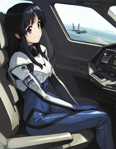 anime girl sitting in a car with a view of a plane