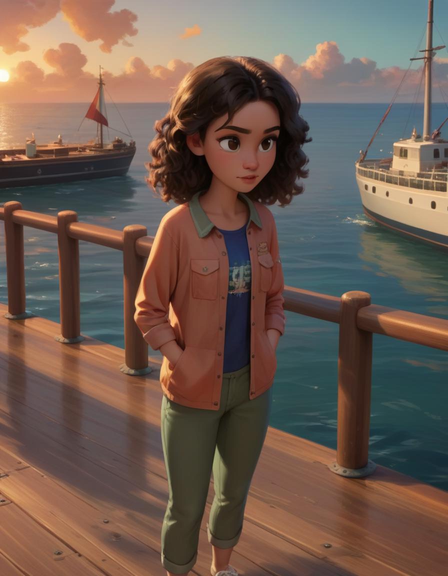 A woman standing on a dock next to a boat in a cartoon - SeaArt AI