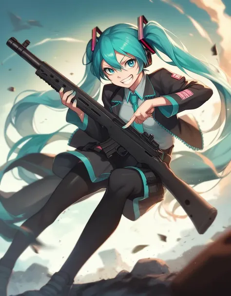 score_9, score_8_up, score_7_up, score_6_up, score_5_up, score_4_up, source_anime,
1girl, solo, hatsune miku, shotgun, grin, battlefield, chaotic, war zone