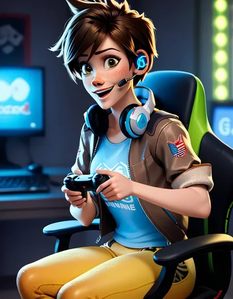 score_9, score_8_up, score_7_up, score_6_up, score_5_up, score_4_up
<lora:disney3d-ponyxl:0.9>
tracer, excited, headset,  gaming chair, holding game controller, computer, neon lights