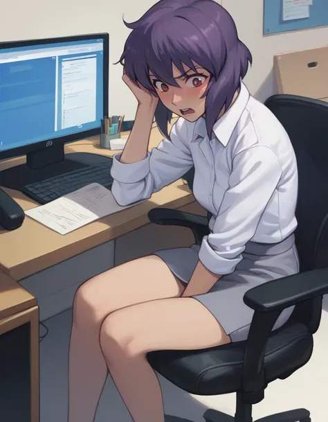 score_9, score_8_up, score_7_up, score_6_up, score_5_up, score_4_up,
<lora:kusanagi-ponyxl-000009:1> 
kusanagi motoko,
1girl, caught, surprised, embarrassed, sitting, office chair, looking to the side, looking at screen, live stream