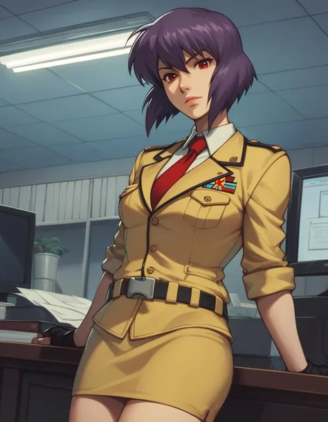 score_9, score_8_up, score_7_up, score_6_up, score_5_up, score_4_up,
<lora:kusanagi-ponyxl-000009:1> 
kusanagi motoko, military, military uniform, red tie, yellow skirt suit, ribbon bar, sam browne belt,
looking at viewer, office