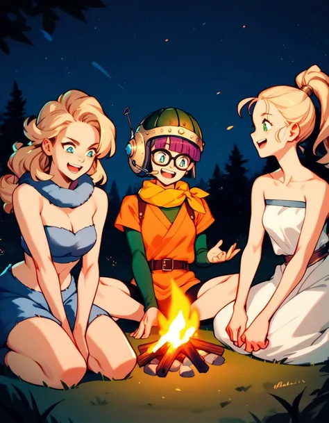 score_9, score_8_up, score_7_up, score_6_up, score_5_up, score_4_up
<lora:chrono-trigger-ponyxl-000027:0.3>
3girls, excited, sitting, campfire, night
BREAK
ayla, bare shoulders, midriff, cleavage, fur, fur skirt
BREAK
lucca, glasses, scarf, helmet, belt, orange shirt, green sleeves, short over long sleeves, bike shorts
BREAK
marle, ponytail, strapless dress, white dress