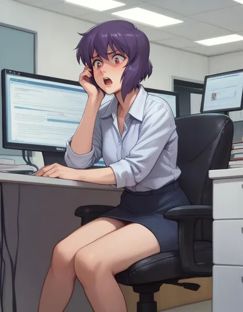 score_9, score_8_up, score_7_up, score_6_up, score_5_up, score_4_up,
<lora:kusanagi-ponyxl-000009:1> 
kusanagi motoko,
caught, surprised, embarrassed, sitting, office chair, looking to the side, looking at screen, live stream