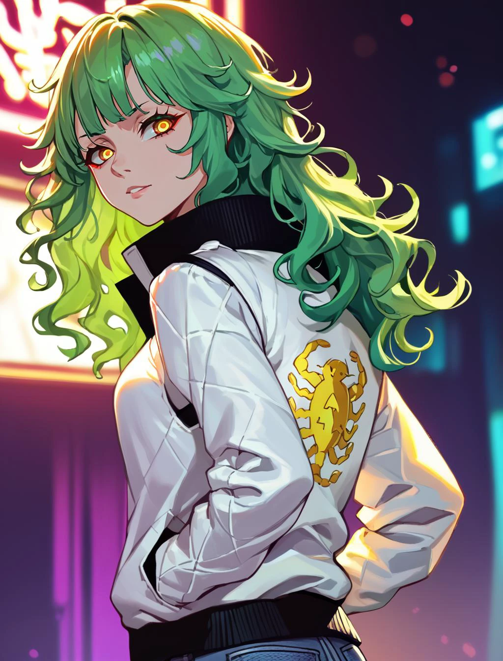 score_9, score_8_up, score_7_up, source_anime BREAK 1girl, solo,<lora:drivejacket-outfit-richy-v1_pdxl:1> print jacket, white jacket, from side, jeans, looking at viewer, parted lips, long green hair, messy wavy hair,yellow eyes, tsurime eyes, bangs, eyeshadows, night cyberpunk city with neon lighting