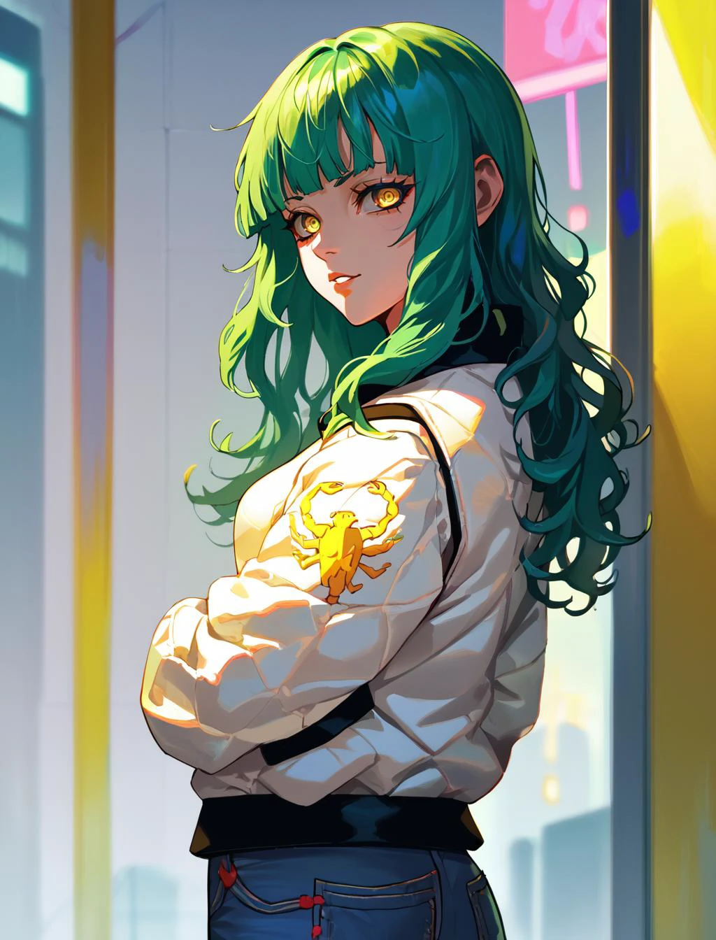 score_9, score_8_up, score_7_up, source_anime BREAK 1girl, solo,<lora:drivejacket-outfit-richy-v1_pdxl:1> print jacket, white jacket, from side, jeans, looking at viewer, parted lips, long green hair, messy wavy hair,yellow eyes, tsurime eyes, bangs, eyeshadows, night cyberpunk city with neon lighting