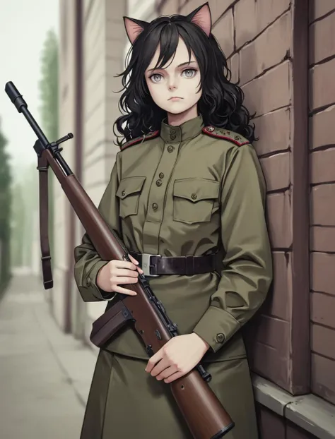 score_9, score_8_up, score_7_up, source_anime BREAK 1girl, young, solo,Soviet Military uniform, ((neko cat ears)),  belt, messy hair, black hair, long wavy hair,  look at the viewer,  bag under eyes, holding weapon, rifle, ak47, T_T, skirt, grey eyes, holding rifle, outdoors, <lora:Soviet_Military_Uniform-000009:0.8>