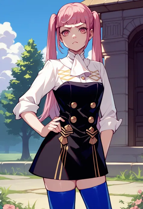 score_9, score_8_up, score_7_up, source_anime, solo, 1girl, hildauniform, twintails, garreg mach monastery uniform, white ascot, sleeves rolled up, blue thighhighs, outdoors, pink hair, pink eyes,  pout, looking at viewer, standing, hand on hip, <lora:fireemblem_goneril_ponyXL:1>