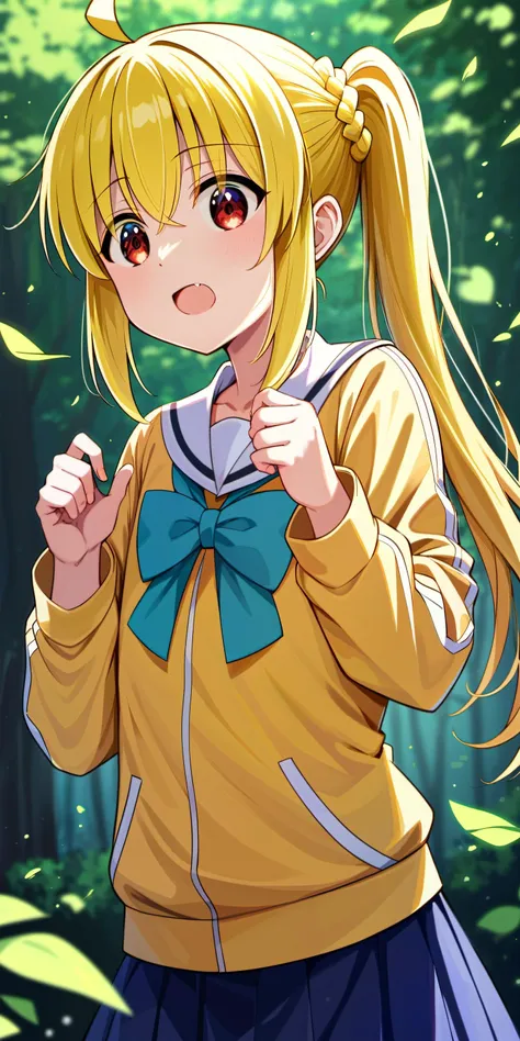 score_9, score_8, score_7, source_anime,
1 girl,standing, upper body, outdoors, forest, short_torso,open mouth, child, solo focus, 
ijichi_nijika, bocchi_the_rock!, blonde_hair, long_hair, side_ponytail,red eyes, ahoge,nijika_clothes,skirt,
onimai style,
,  <lora:ijichi_nijika:0.5>