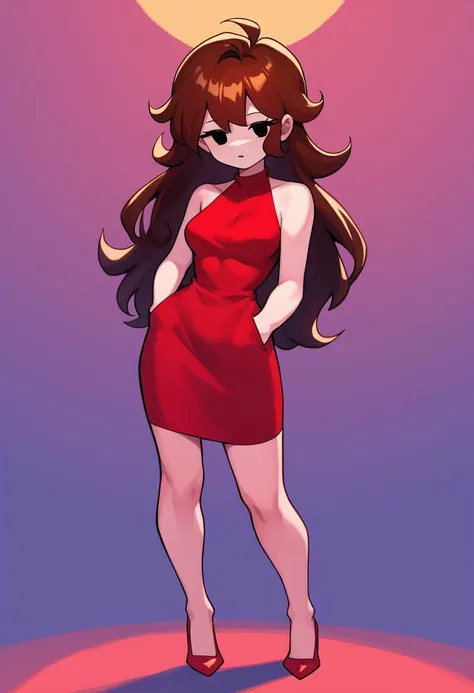 score_9, score_8_up, score_7_up, source_anime, rating questionable, standing with hands in her pockets, <lora:GirlfriendXLPDLoCon:.95> girlfriend \(friday night funkin'\), red dress, sleeveless dress, short dress, bare shoulders, red footwear, high heels, black eyes