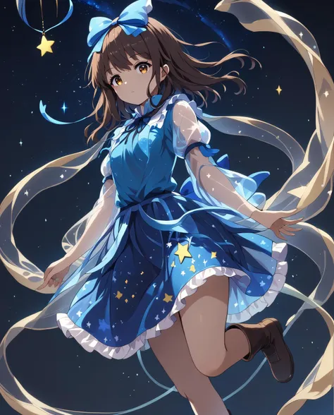 score_9, score_8_up, score_7_up, 1girl, star sapphire, touhou, long hair, fairy wings, brown eyes, brown hair, hair bow
blue dress, juliet sleeves, brown boots, ribbon, (star-printed skirt, starry skirt:1.2), star \(symbol\), night sky, starry sky, sky, flying, floating, floating hair, 
 <lora:bioluminescent_dress-PD-1.0-full:1>  <lora:ponyxl-star_sapphire:1>