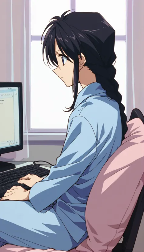 score_9,score_8_up,score_7_up,source_anime,1girl,solo,<lora:miyuki-natsumi--ponyxl:0.8>,kobayakawa miyuki,black hair,long hair,blue eyes,single braid,pajamas,at computer,sitting,dormitory,from side,