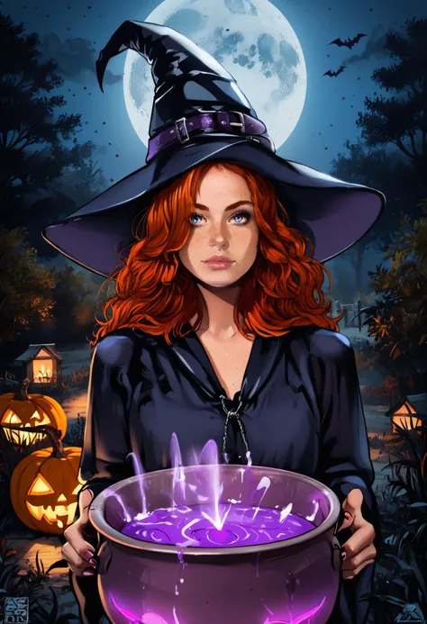 score_9, score_8_up, score_8, 1girl, full body portrait of a woman, 22 years old, ginger hair, some hair in front of an eye, hair over right eye, hair over one eye, long flowing hair, with freckles, blue eyes, eyes open, looking at the viewers, beautiful woman, black witch, witch costume, dress, bat wing sleeves, spooky witch's hat, vintage gothic goth, with a black chocker, brew a purple magic potion in a cauldron in front of her, a black cauldron with smoke in front of her, vintage colors, focus on her perfect beautiful face and make up, at midnight, full moon, photorealistic, bokeh, field of view, highly detailed, dramatic lighting, canon 5D Mark IV, photography, in frame, at night, Halloween, solo, drawing, retro, vintage, art, style, Astral Grave <lora:Pony_DetailV2.0:1> <lora:Astral Grave:1.2> <lora:pony_better freckles:1.2>